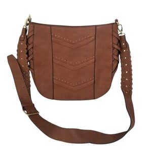 Steve Madden Brown Gold Studded Satchel Handbag Criss Cross Side Details